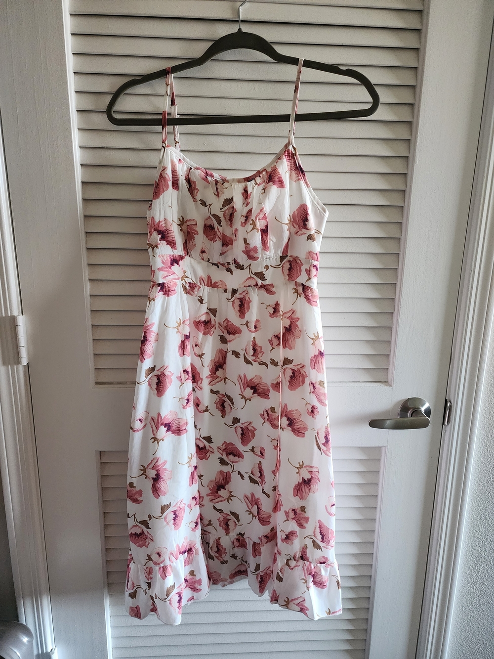 Floral Spaghetti Strap Midi Dress - White with Pink Floral